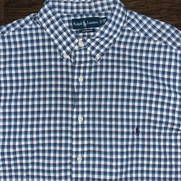 Big Man Polo Ralph Lauren Pony SS Blue Check Plaid Madras Cotton Shirt 2XB Big - Picture 1 of 6